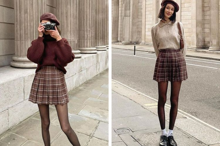 váy xếp ly ngắn phối với áo gì